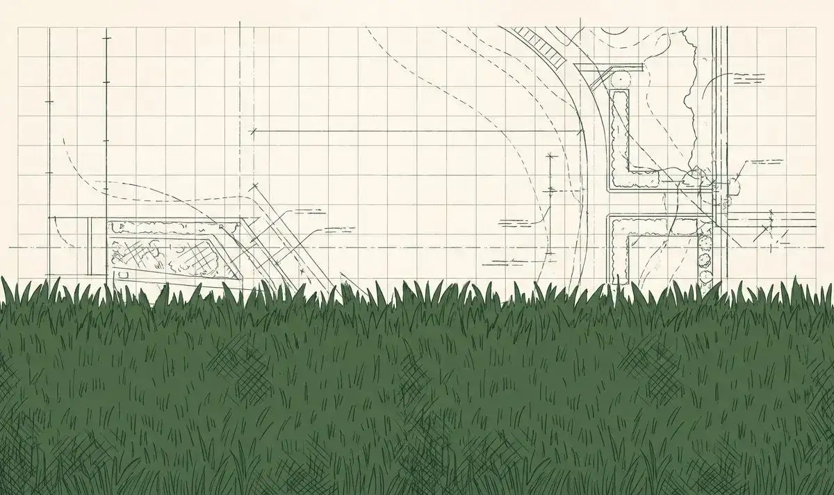 Stylized architectural-drafting illustration of a yard mid-plan, hand-drawn plan-lines and a measurement grid across the upper frame resolving into a full-width band of living, textured turf, no people or specific property shown